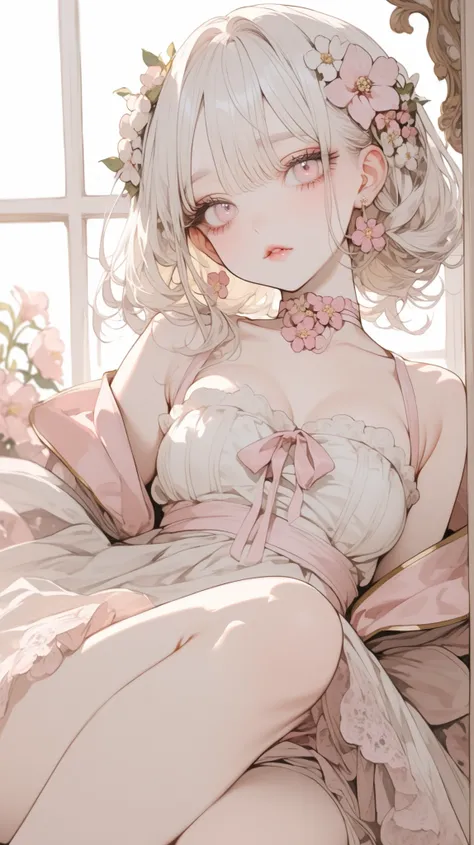 1 girl, pale color hair, long white hair, Flower Hair Ornament, light pink eyes, long eyelashes, beautiful girl, Beautiful Eyes, perfect eye , beautiful girl, pale color , ribbon choker on left breast , flower accessories, high heels