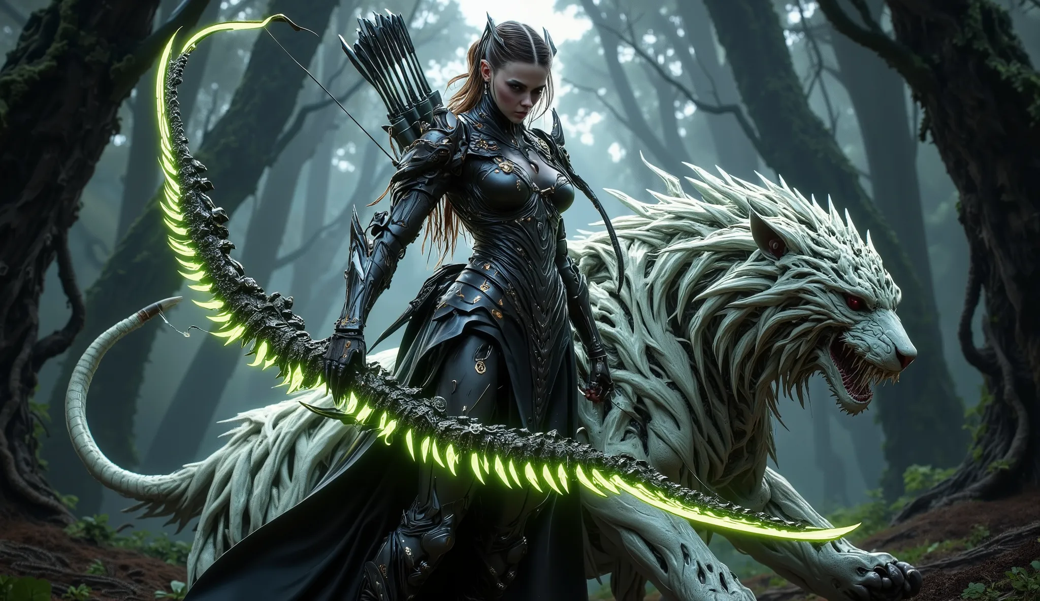 imagem realista, alta qualidade, Huntress girl, rosto detalhado, wearing a metallic flame bow, with leather armor with metallic details, Riding a ghost tiger and a bear next door as a pet in a forest full of dark creatures, Ultra-detailed The Huntress 16:9...