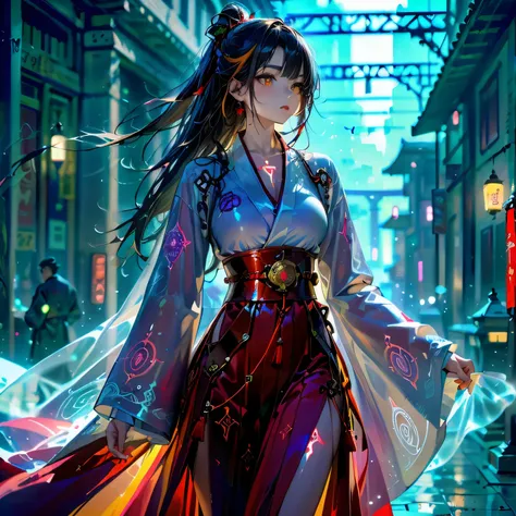 top quality, ultradetails, High precision in selection, masterpiece, very precise, wears a ((flowing white kimono-inspired jacket)) with ((crimson circuit patterns)) glowing softly beneath sheer panels. Beneath it, a ((high-cut crimson hakama skirt)) made ...