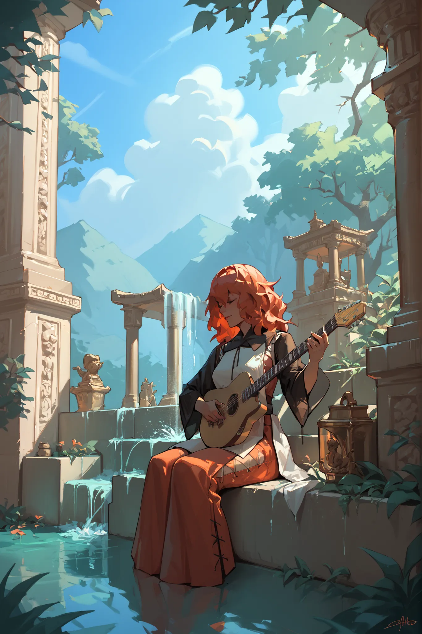 DevolaPopola, scenery, nierscene, 1girls, Devola, sitting by an ancient water_fountain, outside, holding guitar