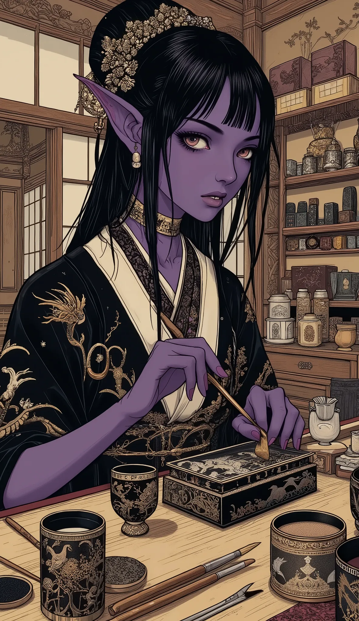 (A fusion of Ukiyo-e and dark fantasy. Aesthetic and gothic digital art. Draw a detailed face. Look away.) BREAK 
(White hair. Blunt bangs. White eyebrows. Long white eyelashes. Almond-shaped eyes. Lavender eyes. Dark, thick eyeliner. Small pink lips. Slig...