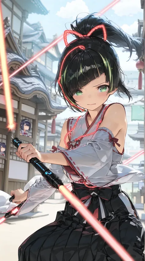 Battle Shrine Maiden(high resolution masterpiece, high resolution, High Accuracy in Selection, high resolution, top quality:1.2) (Cook Hold Subjective(masterpiece:1.5)super definition, high resolution, 8k) middle ponytail, diagonal bangs, hair covering eye...