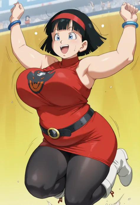 masterpiece, best quality, 1girl, solo, dbsvidel, Black hair, short hair, bob cut, hairband, red hairband, bangs, blue eyes, Dress, red dress, Printed dress, short dress, turtleneck dress, tight dress, sleeveless, medium breasts, bracelets, belt, black bel...