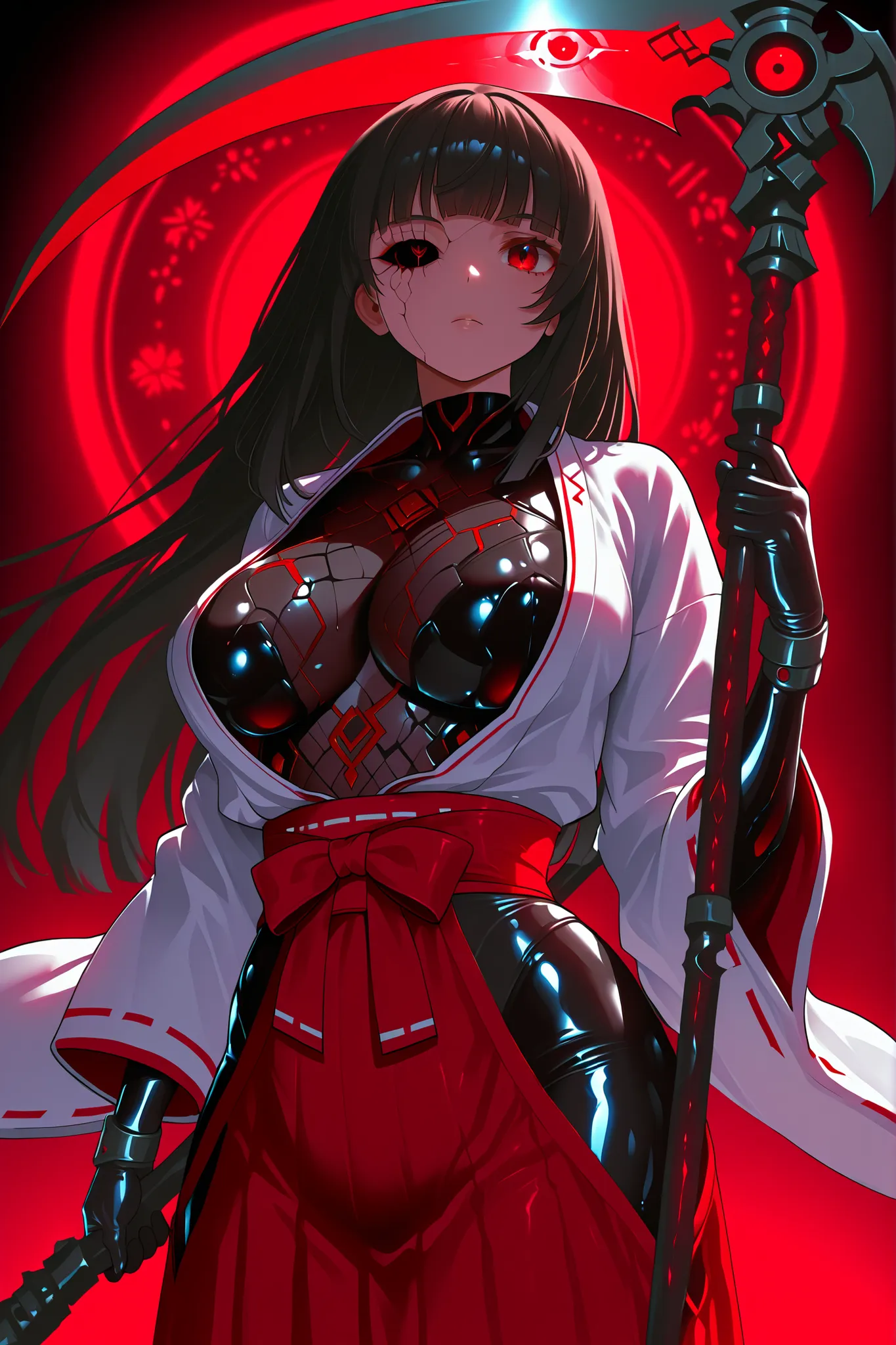 Miko costume girl. Girl with snake. White snake. Black hair. Long hair. Red eyes. Cracked eye tattoo. Black bodysuit. Cyber circuit pattern bodysuit. White Japanese kimono. Front open. Black latex gloves. Red Japanese skirt. Front open skirt. Ruffles. Ho...