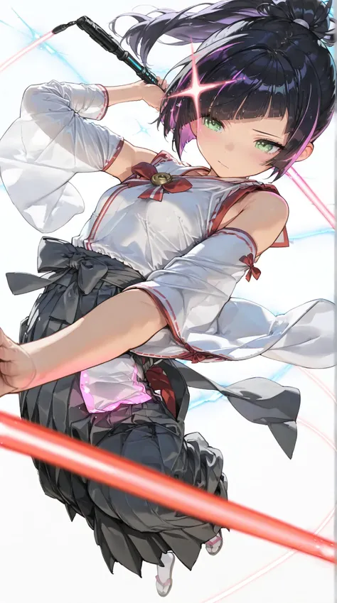((White background:1.4))Battle Shrine Maiden(high resolution masterpiece, high resolution, High Accuracy in Selection, high resolution, top quality:1.2) (Cook Hold Subjective(masterpiece:1.5)super definition, high resolution, 8k) middle ponytail, diagonal ...