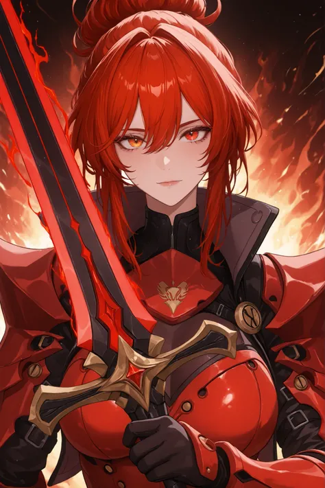 ((apenas)), (himeko  :1.2), Aquecer, holding in his Hand a large sword with red details, Linda mulher, cabelo ruivo , cabelo curto, cabelo desgrenhado, sidelocks, levado, reddish golden eyes, olhos brilhantes, seios grandes, futuristic red armor decoration...