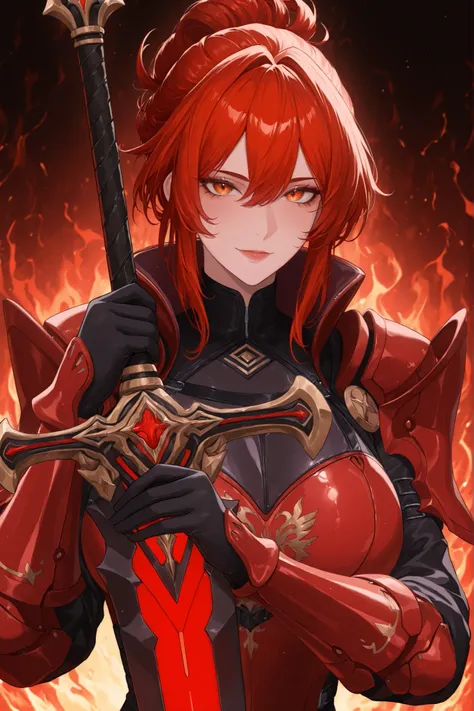 ((apenas)), (himeko  :1.2), Aquecer, holding in his Hand a large sword with red details, Linda mulher, cabelo ruivo , cabelo curto, cabelo desgrenhado, sidelocks, levado, reddish golden eyes, olhos brilhantes, seios grandes, futuristic red armor decoration...