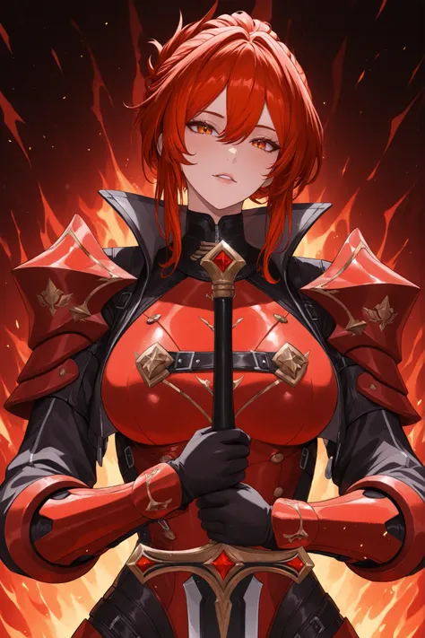 ((apenas)), (himeko  :1.2), Aquecer, holding in his Hand a large sword with red details, Linda mulher, cabelo ruivo , cabelo curto, cabelo desgrenhado, sidelocks, levado, reddish golden eyes, olhos brilhantes, seios grandes, futuristic red armor decoration...
