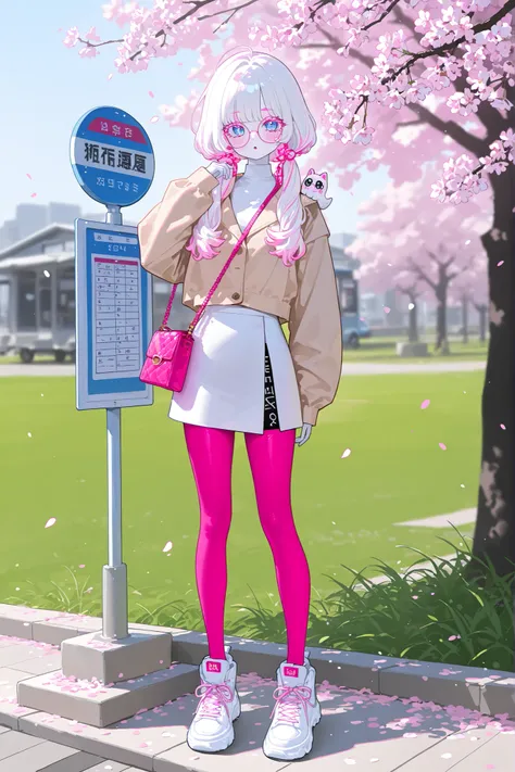 The white-skinned Korean girl. She has white skin with pink blush. She has blue eyes, pink eyelashes and pink eyebrows. She has light Korean makeup, and her lips have pink gloss. She has longest ground-length bleached hair with Pink coloring. She has 1980s...