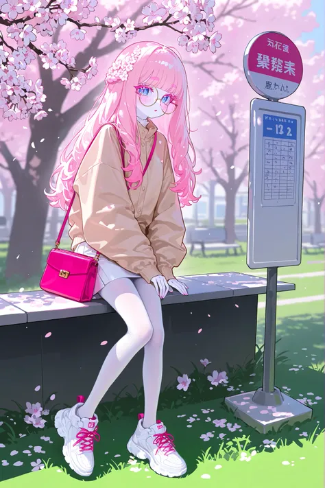 The white-skinned Korean girl. She has white skin with pink blush. She has blue eyes, pink eyelashes and pink eyebrows. She has light Korean makeup, and her lips have pink gloss. She has longest ground-length bleached hair with Pink coloring. She has 1980s...