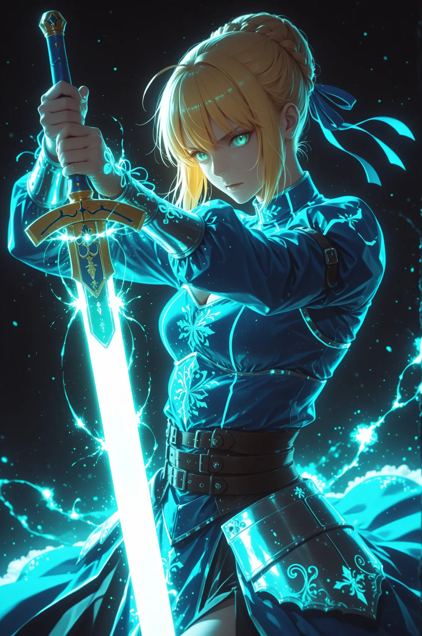 masterpiece, best quality, weapon, holding sword, 1girl, saber, fate_(series), 1girl, blonde_hair, green_eyes, tied hair, SHN journey, neon art, neon colors, glowing, glow effect, bright outlines, vibrant colors, high contrast, dark background, digital art...