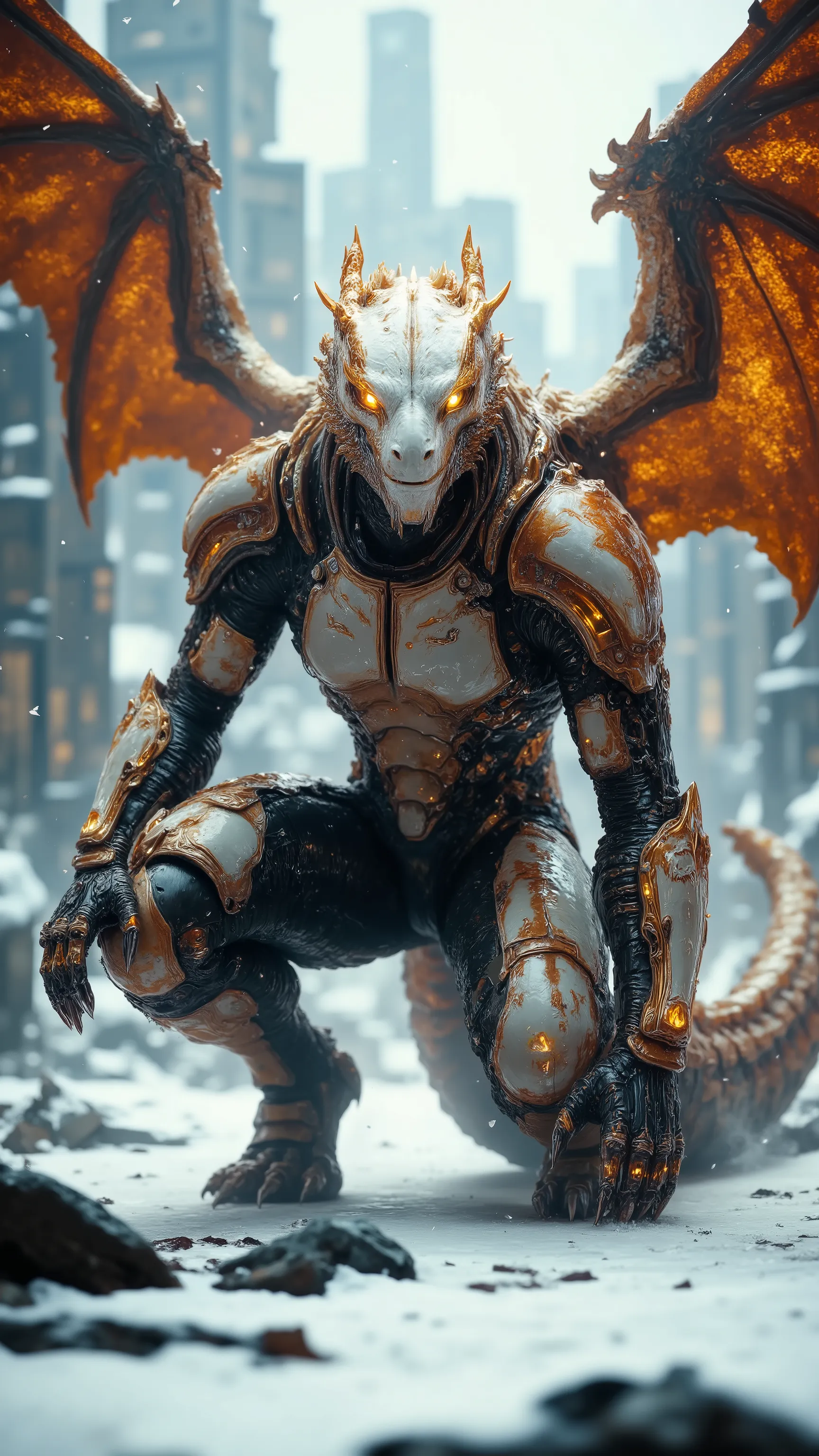 A futuristic draconian warrior with gleaming white and golden scales, crouched on a windswept snowy battlefield. His biomechanical armor fuses sleek chrome, golden circuits, and dragon-scale plating. A polished white helmet with glowing golden slits and cy...