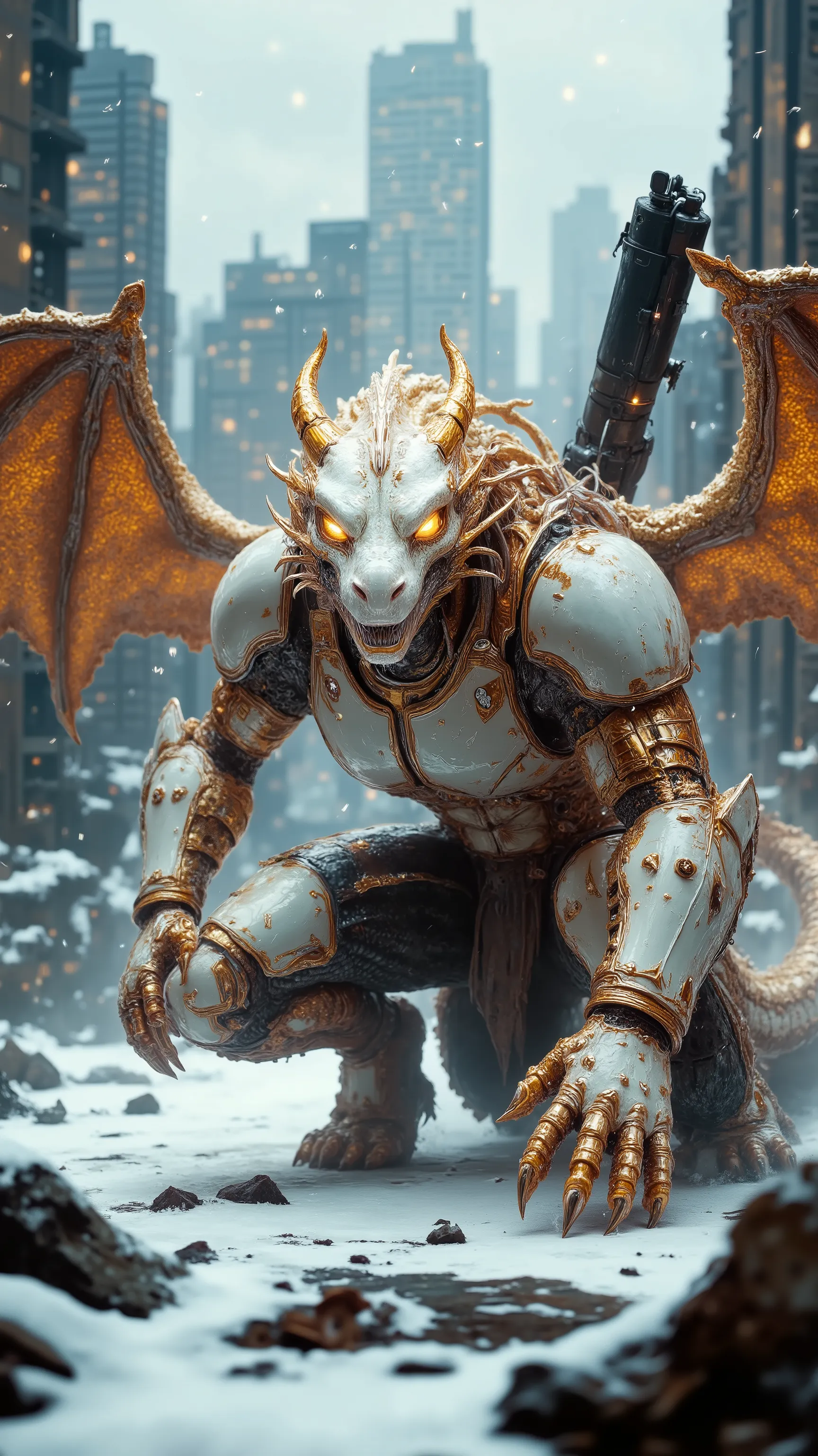 A futuristic draconian warrior with gleaming white and golden scales, crouched on a windswept snowy battlefield. His biomechanical armor fuses sleek chrome, golden circuits, and dragon-scale plating. A polished white helmet with glowing golden slits and cy...