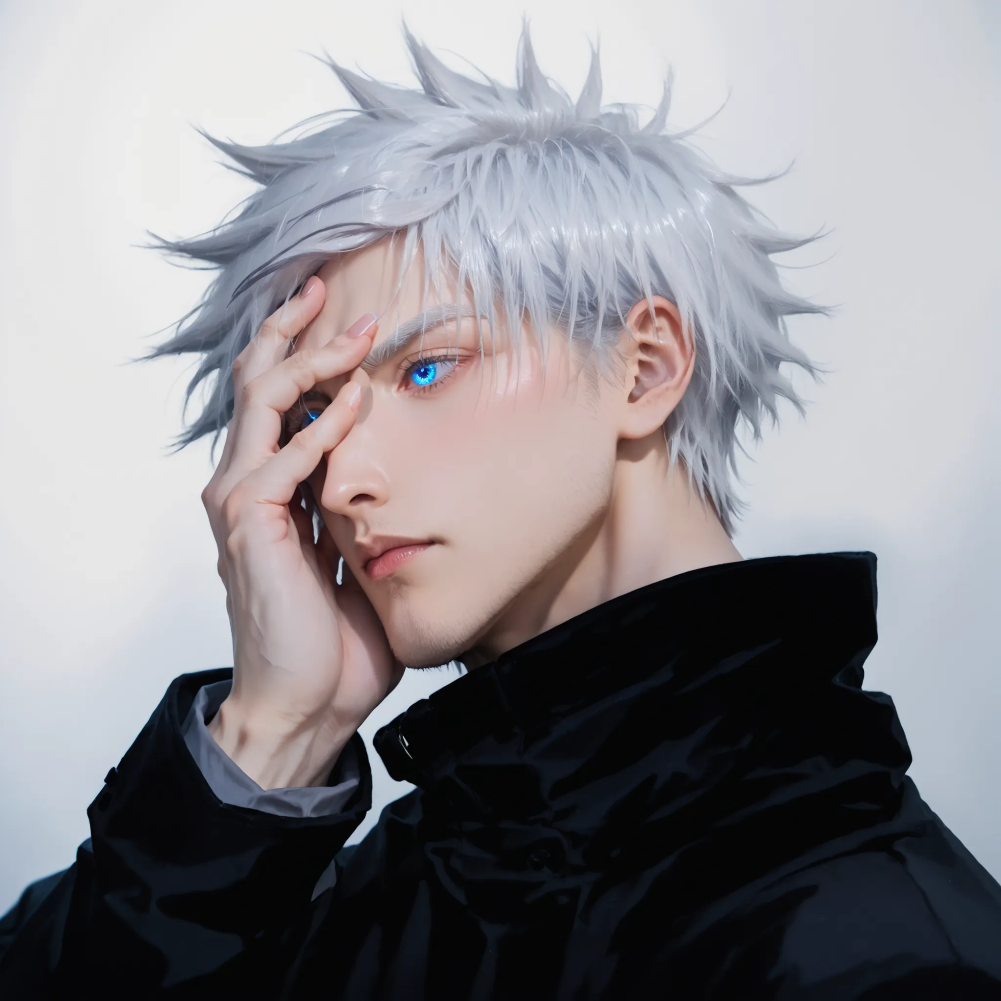 A hyper-realistic cinematic portrait of a young Japanese man inspired by Satoru Gojo from Jujutsu Kaisen. He is facing left in a close-up profile shot. His spiky white-silver hair is styled upward, with matching white eyebrows and eyelashes. He wears a sle...
