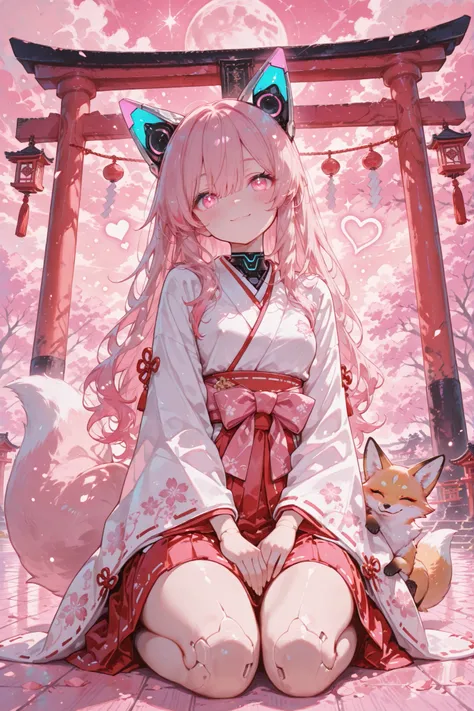 Dynamic lighting. Concept:
(A young miko enjoying a moment of play with her pet: a charming little robotic fox.)

Character:
1Girl, small breasts, erect nipples, slim waist, wide hips, white to pink gradient hair, long wavy hair with soft waves, decorated ...