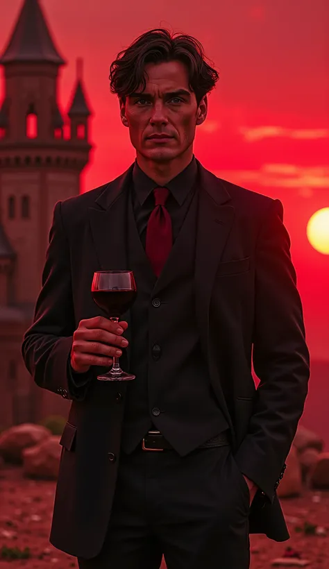 Cillian Murphy in red and black realistic nor-style suit, fFundo: Red Fortress at dusk. Detalhe: glass of wine and enigmatic look at.