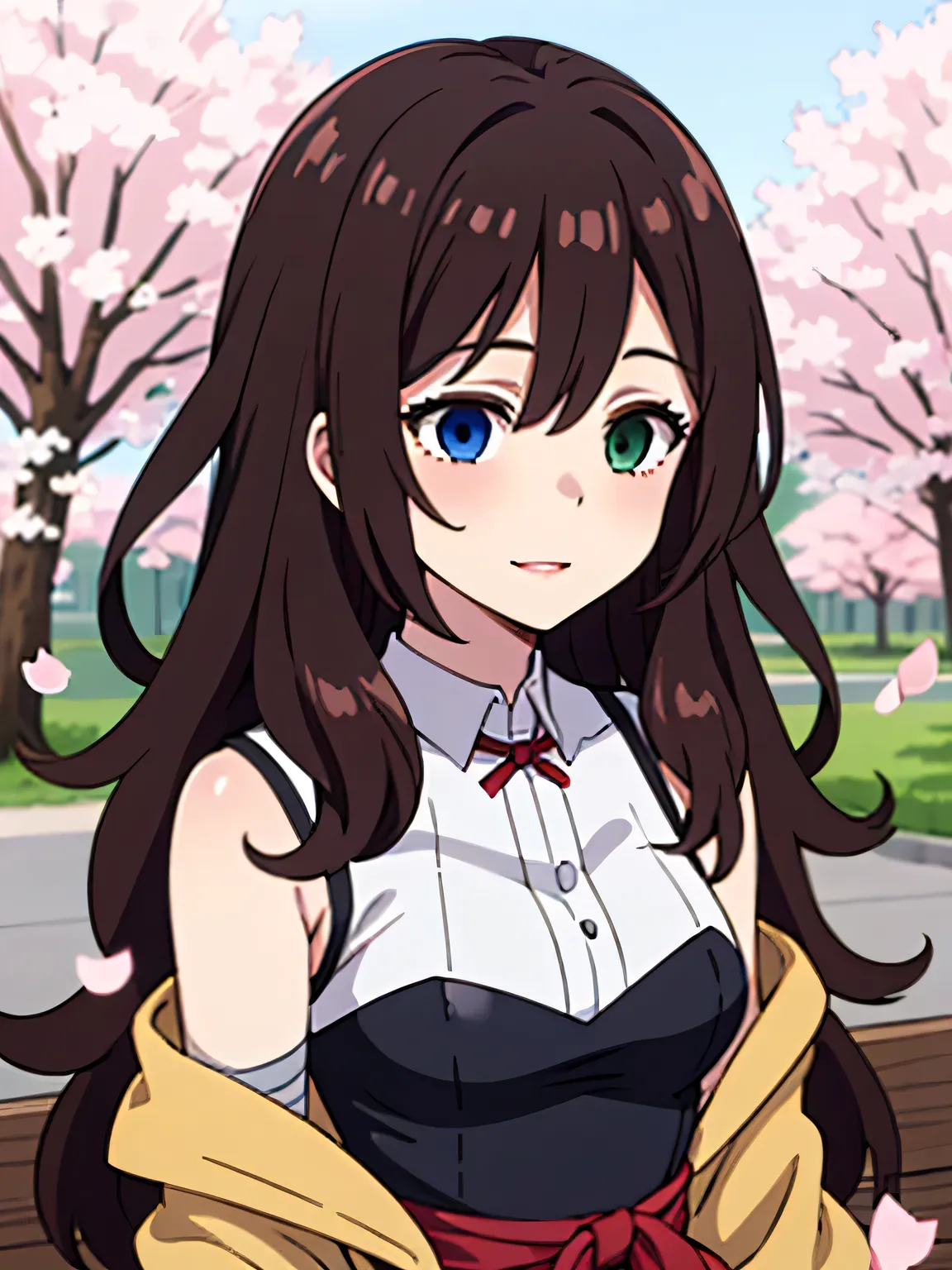 (high-quality, breathtaking),(expressive eyes, perfect face) 1girl, female, solo, teenager, light brown hair, Heterochromia left red and right blue eye color, long hair length, curly wavy hair, red ribbon in hair, zoomed out, symmetrical eyes, bandages, pa...