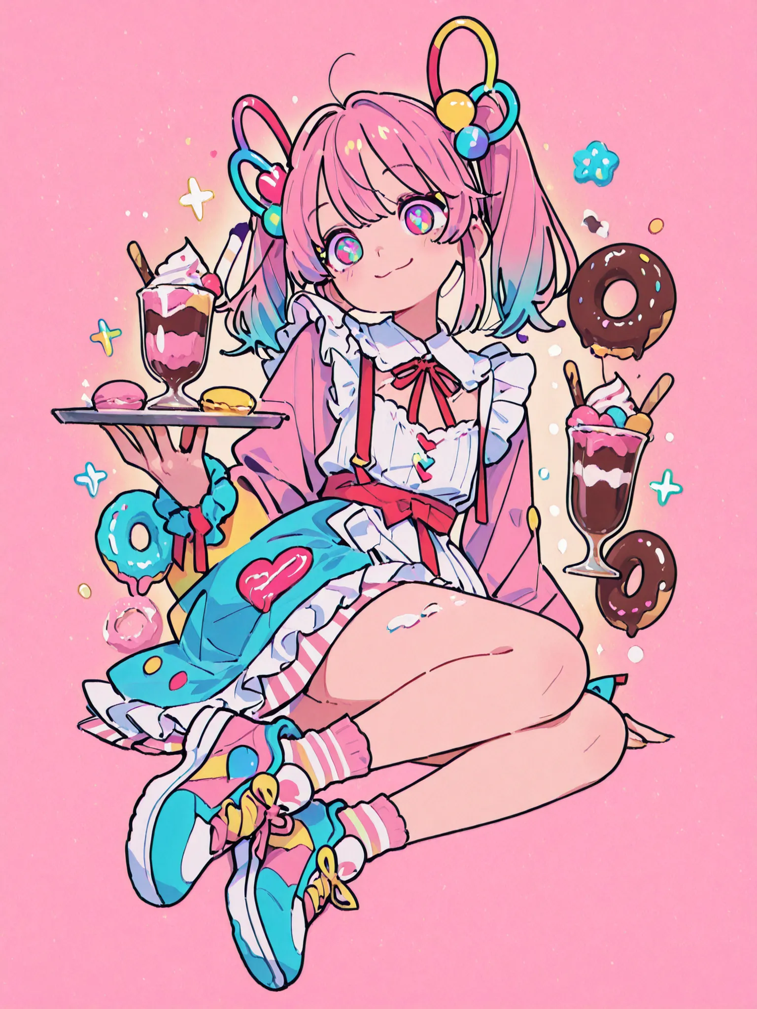 vivid anime-style illustrations、Features a cheerful girl with pink hair styled in playful twin tails, A charming color palette including pink and yellow hues adorned with colorful hairpins. her eyes are big、expressive, warm, There are lots of floating elem...