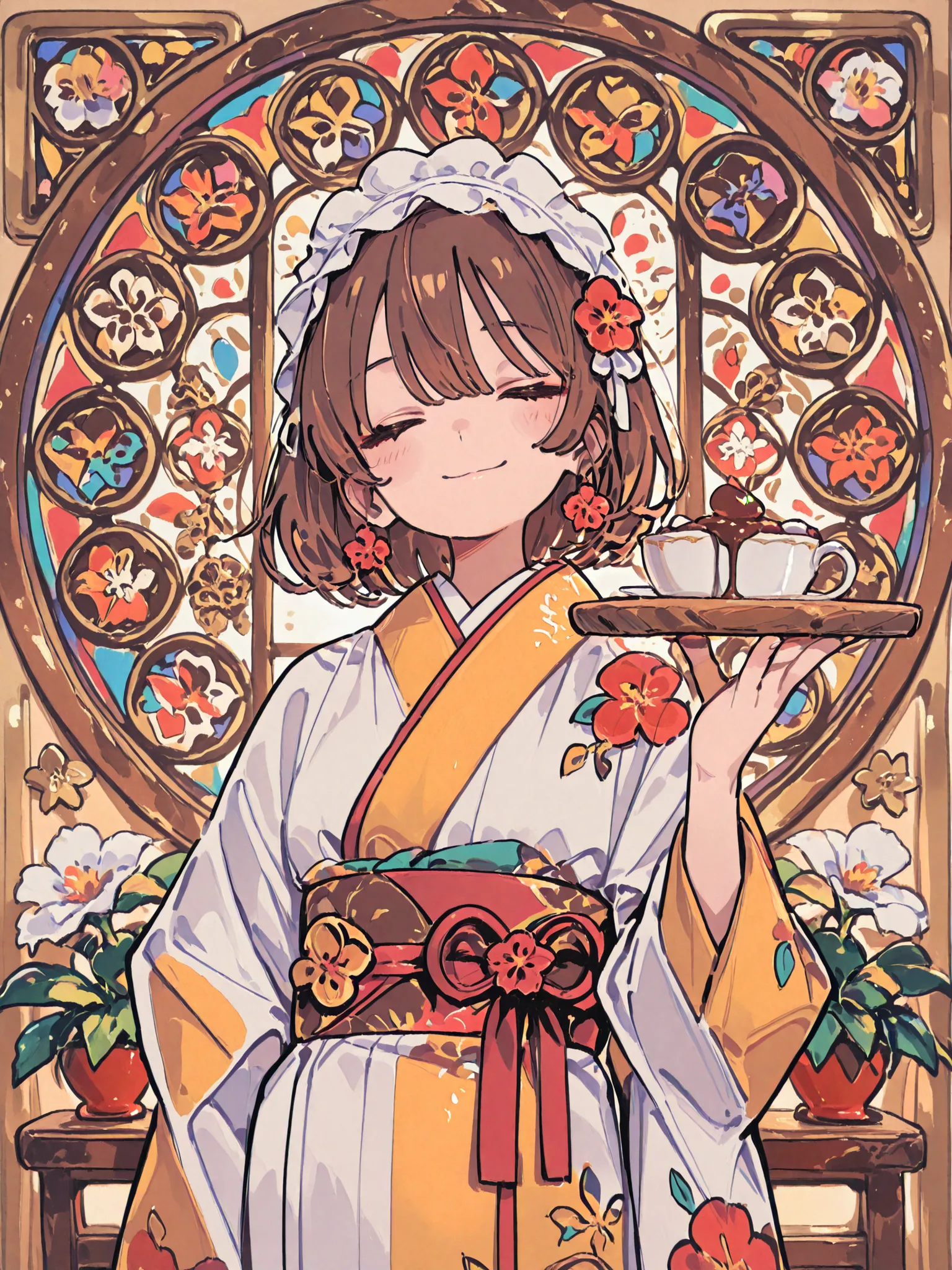 young woman, . Japanese kimono decorated with intricate floral patterns, 深い赤い目がpeaceful魅力を醸し出しています. Her brown hair is wrapped in soft waves, It is complemented by a red, White, Yellow, ornament with a traditional costume. A crisp white headband is wrapped ...