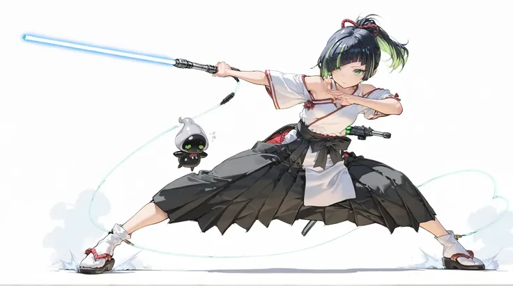 ((White background:1.4))Battle Shrine Maiden(high resolution masterpiece, high resolution, High Accuracy in Selection, high resolution, top quality:1.2) (Cook Hold Subjective(masterpiece:1.5)super definition, high resolution, 8k) middle ponytail, diagonal ...