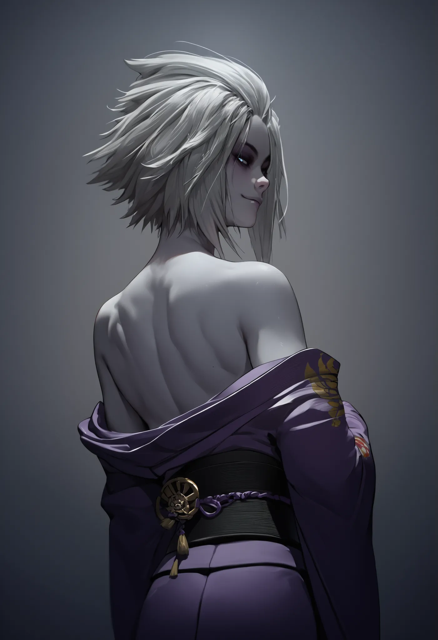 score_9, score_8_up, score_7_up, source_anime, from behind, solo, 1girl, mara sov, pale skin, white skin, Asian, light smile, looking back, japanese clothes, purple kimono, off shoulder, black, bare shoulders,
