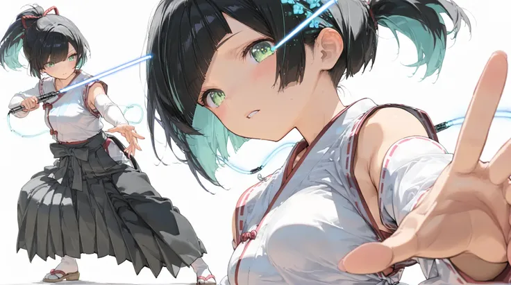 ((White background:1.4))Battle Shrine Maiden(high resolution masterpiece, high resolution, High Accuracy in Selection, high resolution, top quality:1.2) (Cook Hold Subjective(masterpiece:1.5)super definition, high resolution, 8k) middle ponytail, diagonal ...