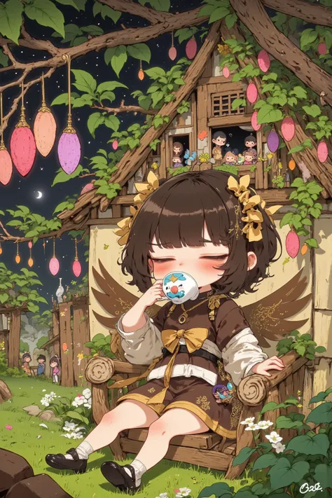 Chocolate fairy's relaxing time.
The chocolate fairy is a cute girl.
She has long, chocolate-colored wings, and is a beautiful fairy that blends into the night sky.
Her wings are faintly engraved with cacao patterns, and when they shine in the moonlight, it looks as if she is wearing star fragments.
Her clothes are designed to resemble soft bitter chocolate, and have a golden chocolate ribbon wrapped around them as an accent.
She is sitting in a white chair, drinking tea with chocolate.
In the background is the chocolate fairy's house.
Deep in the forest, a small house carved out of a special cacao tree.
Leaves and branches naturally form the roof and walls of the house.
A heartwarming, cute touch, warm colors, and a fairy-tale atmosphere.
