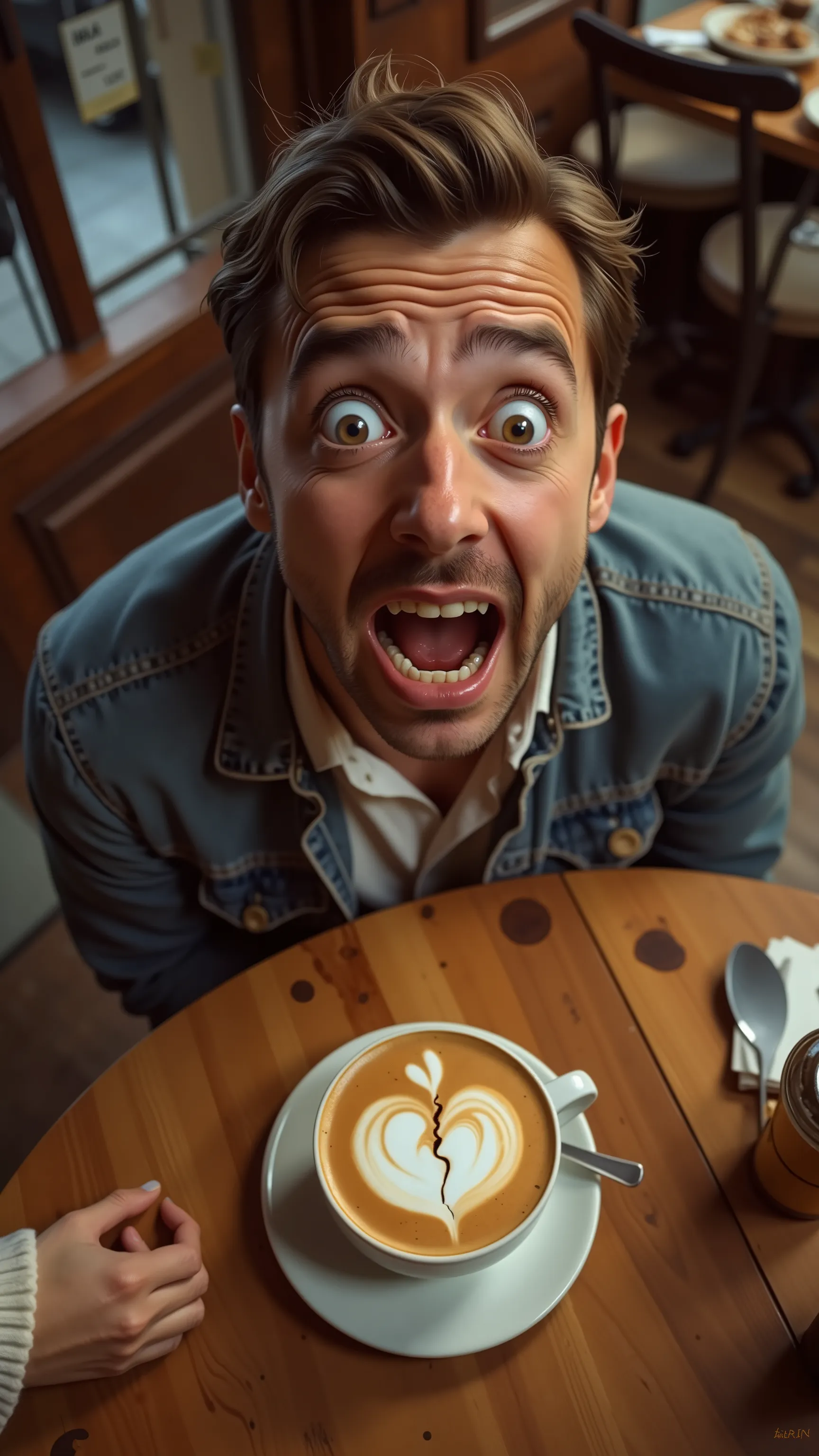 Cafe latte、Heart mark on latte art breaks,(( Cracked Heart)), 1man,overreaction,(Heart broken in two),open mouth,from above, Heart broken in two effect