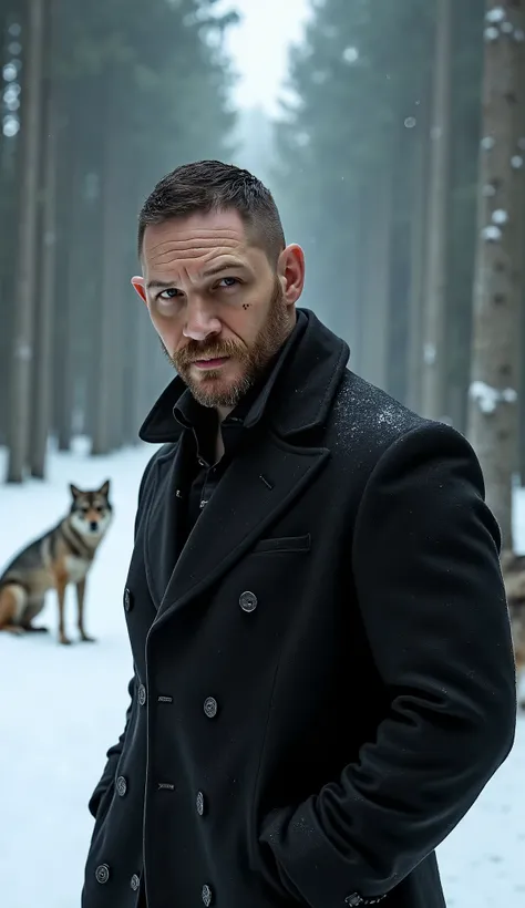 Tom Hardy smoking jacket in high quality Background: Snowy forest with wolves. Detalhe: scar on his face and determined eyes. upper body