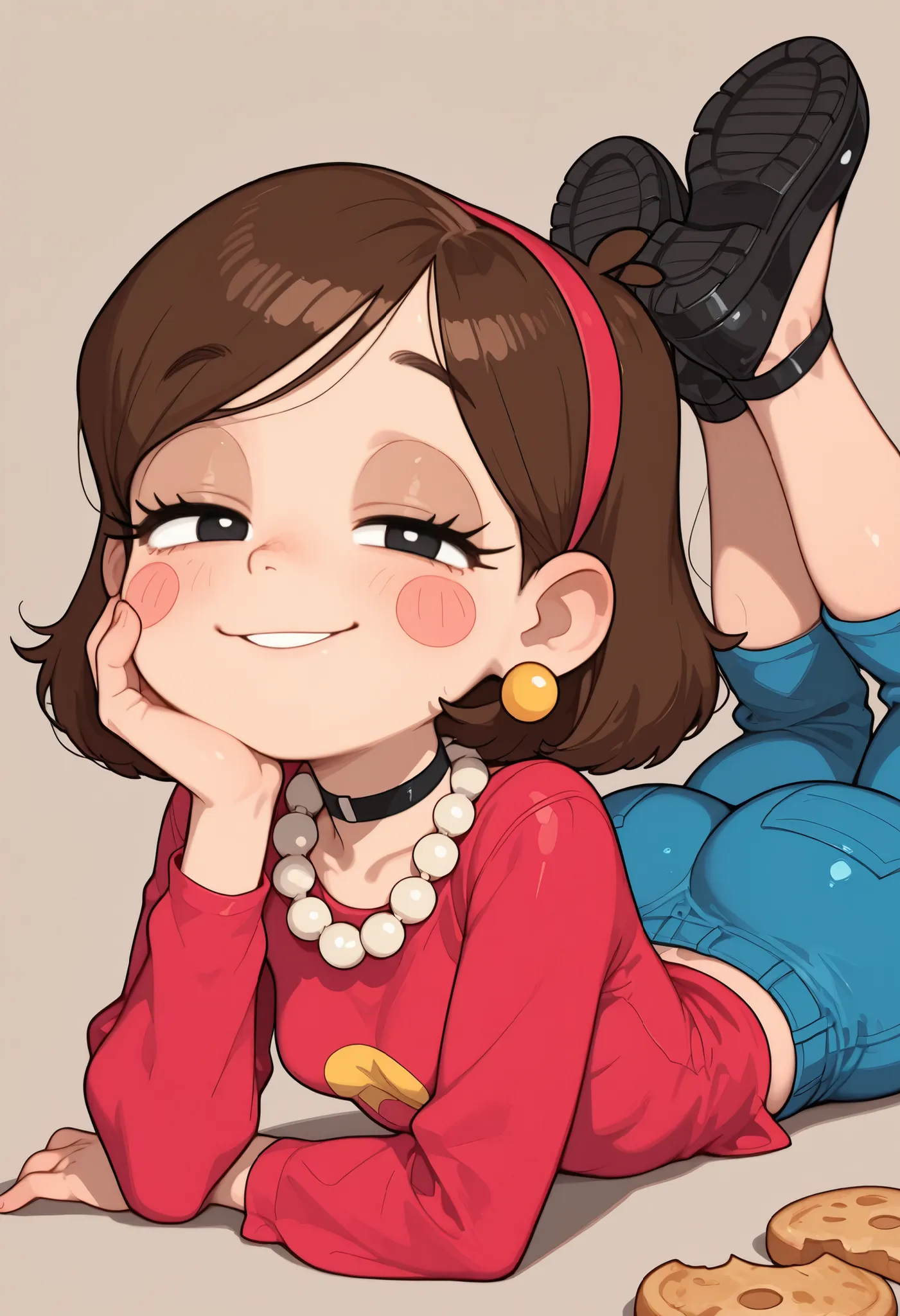 Mabel Pines, blush stickers, brown hair. black eyes. half-closed eyes, small breasts, huge hips. long eyelashes, choker. | red shirt, solo, short hair, jewelry, earrings,blue capri pants, black footwear, pearl necklace, smile, looking at viewer, hand on f...