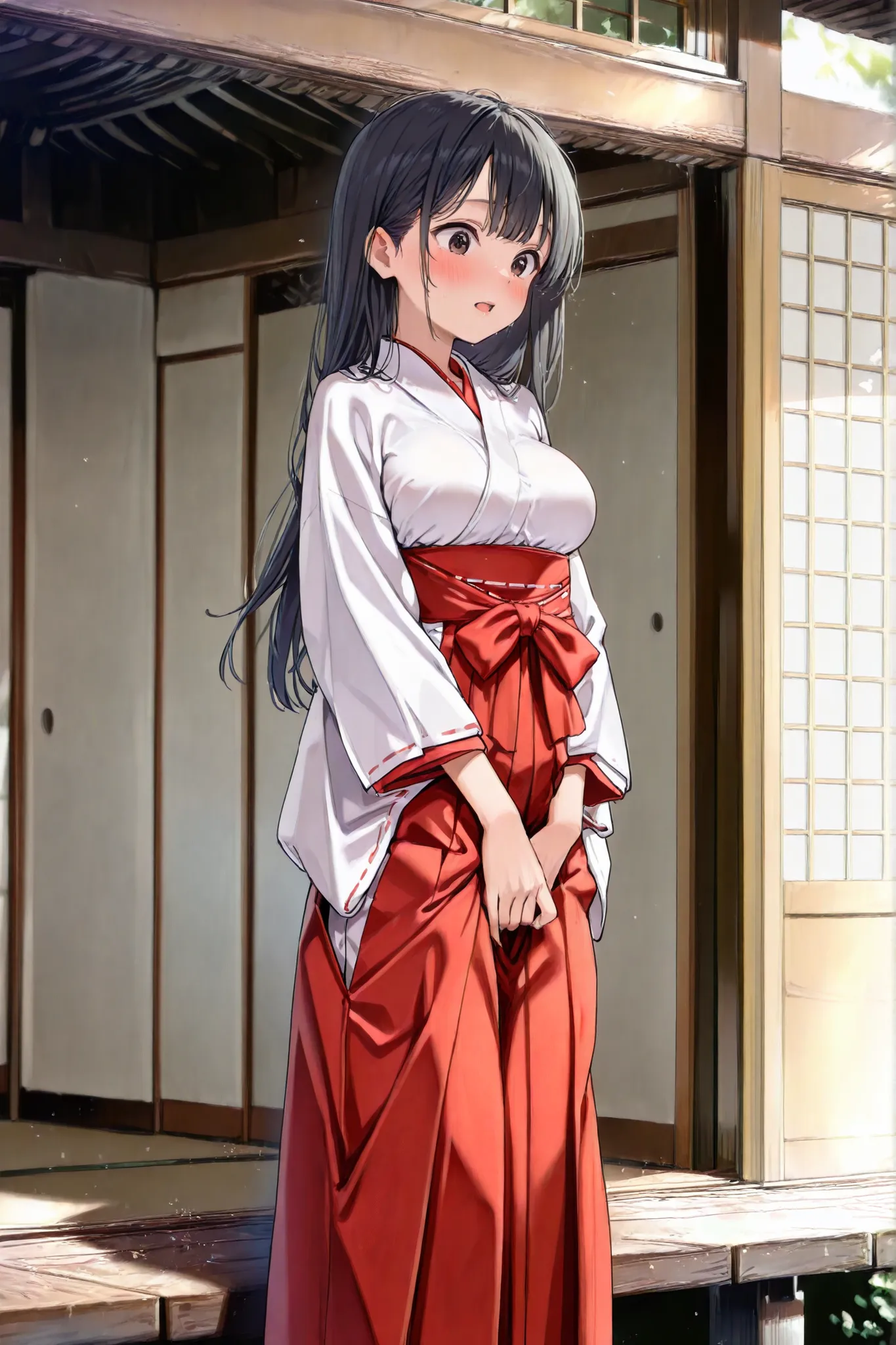 red hakama,miko,jyojifuku,A woman dressed as a shrine maiden　long black hair　make your whole body visible　Roll up the hakama　M-letter opening　Women are feeling sexually　masturbating