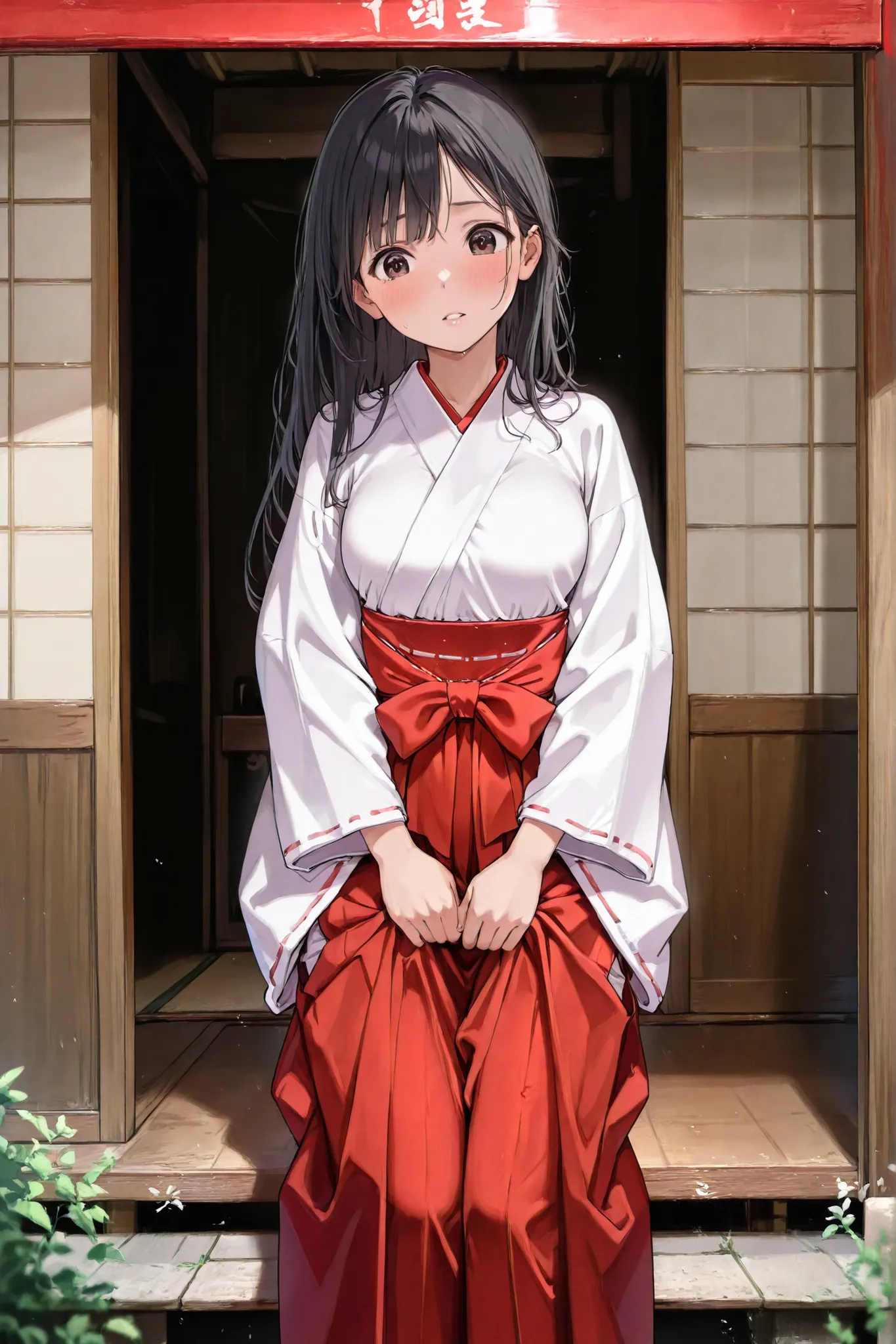 red hakama,miko,jyojifuku,A woman dressed as a shrine maiden long black hair make your whole body visible Roll up the hakama missionary position sex