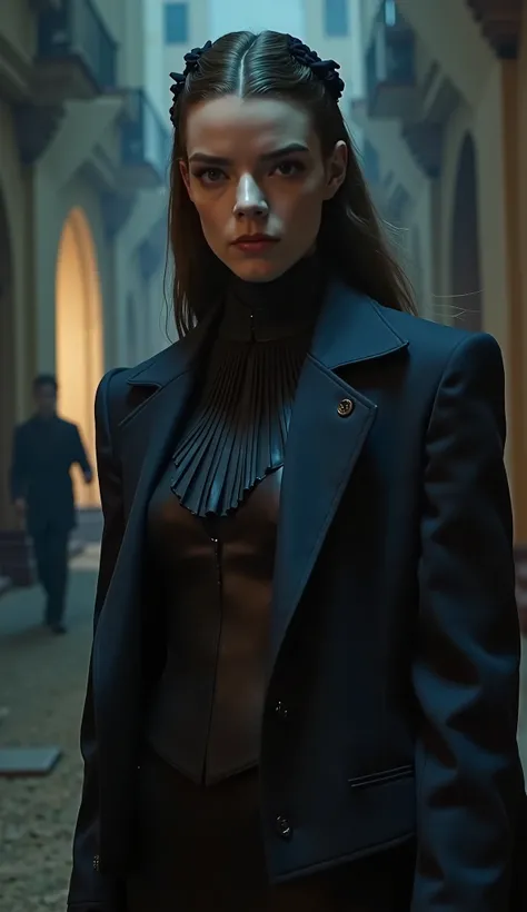 Anya Taylor-Joy in a Bottom suit: alleys of Braavos or temple of the Many-Faced God. Detalhe: Watched eyes and ready posture for attack.