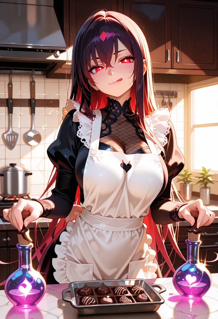 seductive devilish girl, enchanting eyes, licking lips mischievously, making chocolate in a messy kitchen, mysterious glowing potion bottles on the counter, tight apron over gothic lace outfit, long hair flowing, slightly tilted head, smirking, warm ambient lighting, sparkles of magic in the air, detailed background, anime style, ultra-detailed, masterpiece, 8k, trending on ArtStation, soft glow, romantic tension