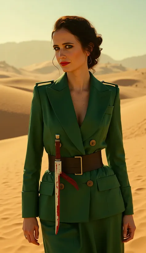 Eva Green jacket smoking amarelo Fundo: Dorne desert landscape. Detalhe: holding a curved dagger with venom dripping.
