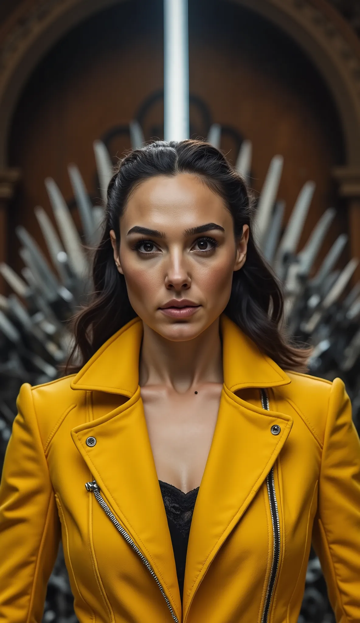 Gal Gadot com um jacket smoking cor amarelo  Fundo: Iron Throne in a silent hall. Detalhe: sword shining in the back, olhar de comando. upper body 