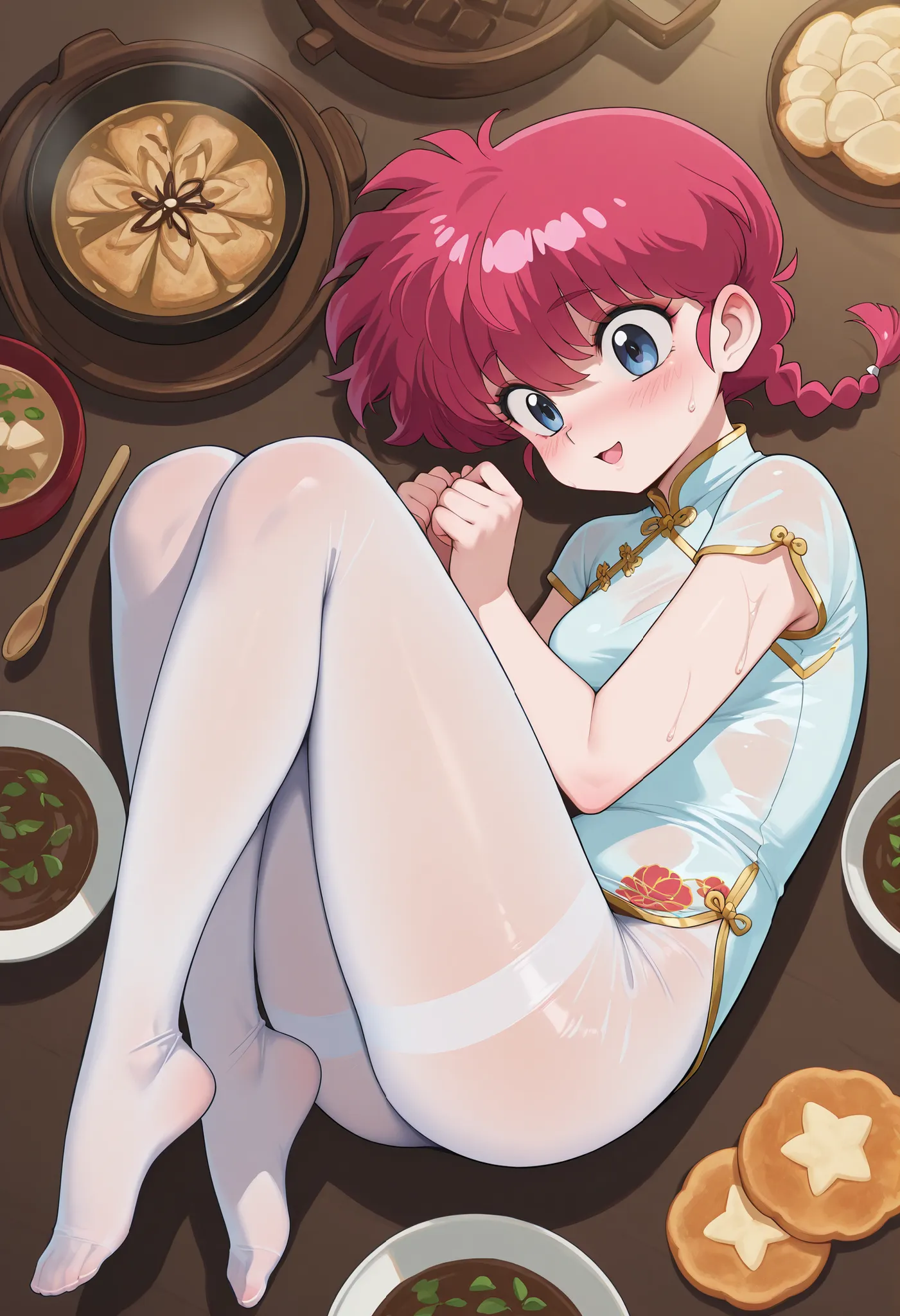 safe_pos, Ranma Saotome. red hair. pigtail. blue eyes. braid. small breasts. huge hips. necklace. black eyeliner. pink manicure. | ((official art:1.2)), /(falling down:1.1),(fetal position:1.2),petite girl,blush,shy,oil,( chocolate-mushroom on cracker),wet...