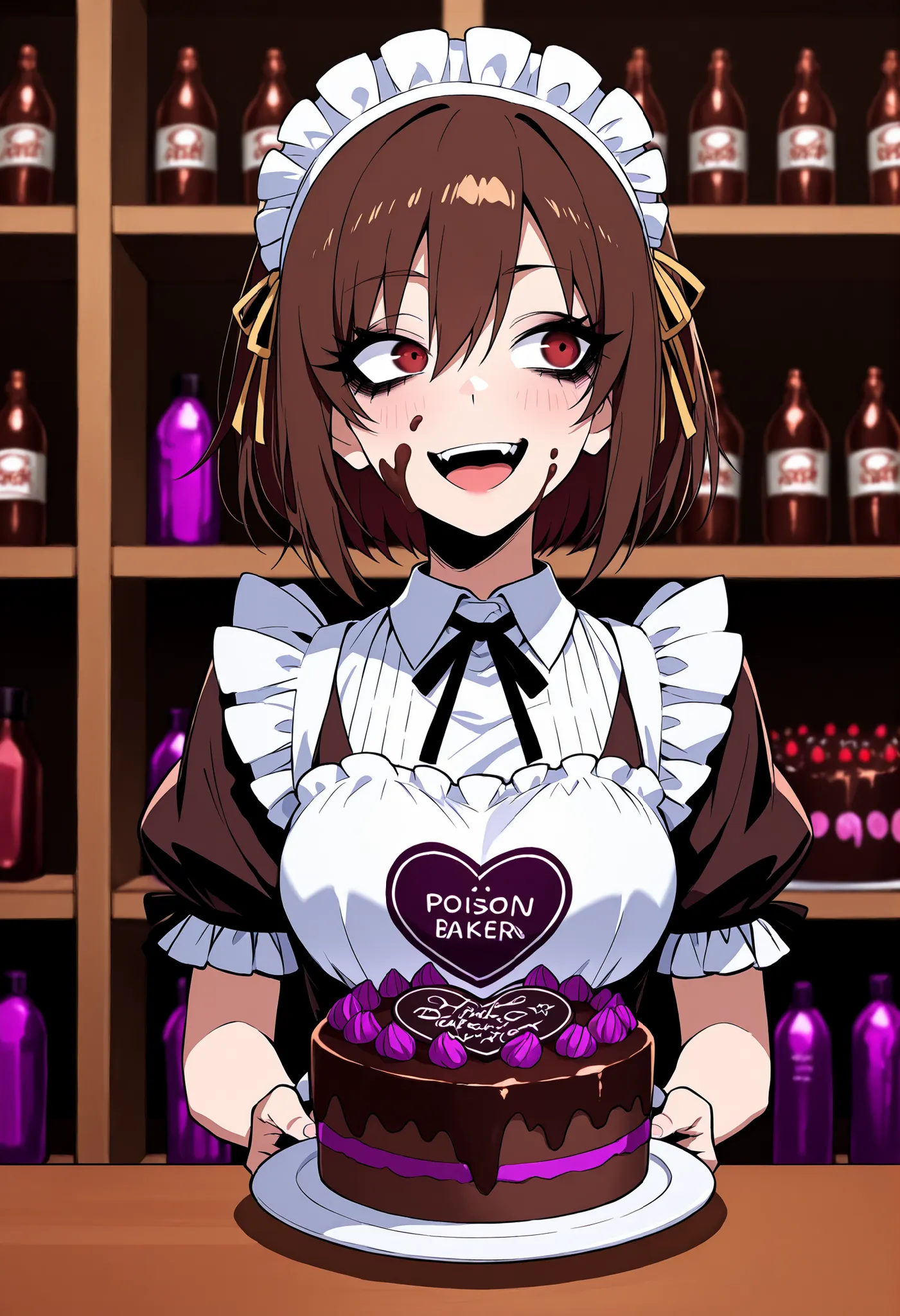 anime screencap of crazed yandere female baker chocolatier holding a medium-sized delicious chocolate cake with a poison logo on it while she is snickering. and looking off to the side and above. sinister laugh. mischievious. devious theme. poison theme. s...