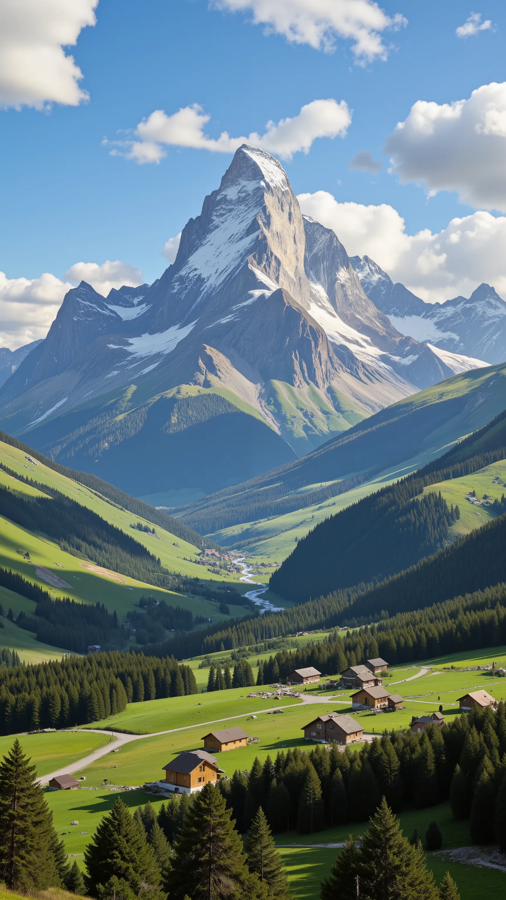 highdefinition images,beautiful views of the valley looking up at the highest peak in the Swiss Alps、Few houses and roads