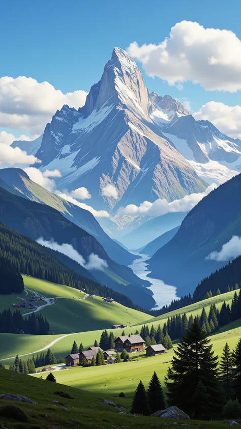 highdefinition images,beautiful views of the valley looking up at the highest peak in the Swiss Alps、Few houses and roads
