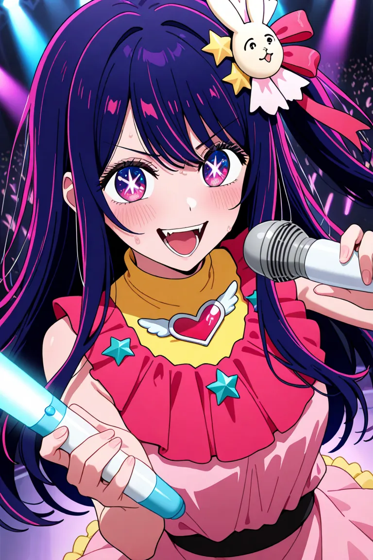  Hoshino Ai \(oshi no ko\),1girl,microphone,Idol,Hair Ornament,pink Butt Under Pants,Butt Under Pants,Idol clothes,Star (open),purple hair,Star-shaped pupils,PURPLE EYES,holding microphone,holding,long hair,open your mouth,
serious,screaming,sweatdrop,Hitachi magic wand,
glow stick,audience,open-shaped pupils,Star Hair Ornament,sweat,rabbit Hair Ornament,Dress,solo,turtleneck Dress,pink Dress,teeth,pink ribbon,Separated,Smile,looking at viewer,blush,frilled Dress,hearts,frills,upper body,hair between eyebrows,ribbon,hearts brooches,brooches,tooth,Star in eye,bare skin shoulders,sleeveless,side lock,:d,frilled Butt Under Pants,music,open in eye,sing,crowd,sleeveless Dress,filter,oshi no ko,(dynamic angle:2.4),
(Anime Coloring:2.4),(masterpiece, Highest Quality, Newest, very high definition, Hi-Res),
