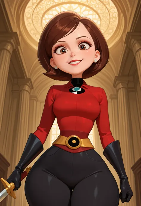 Helen Parr , mature female, medium hair, Bob_cut, brown hair, brown eyes, big eyes, long eyelashes, medium breasts, narrow waist, thick thighs, huge hips, fair skin, thin hands, earrings, makeup, pink lips, lipstick.|  anptzisksk, solo, looking at viewer, ...