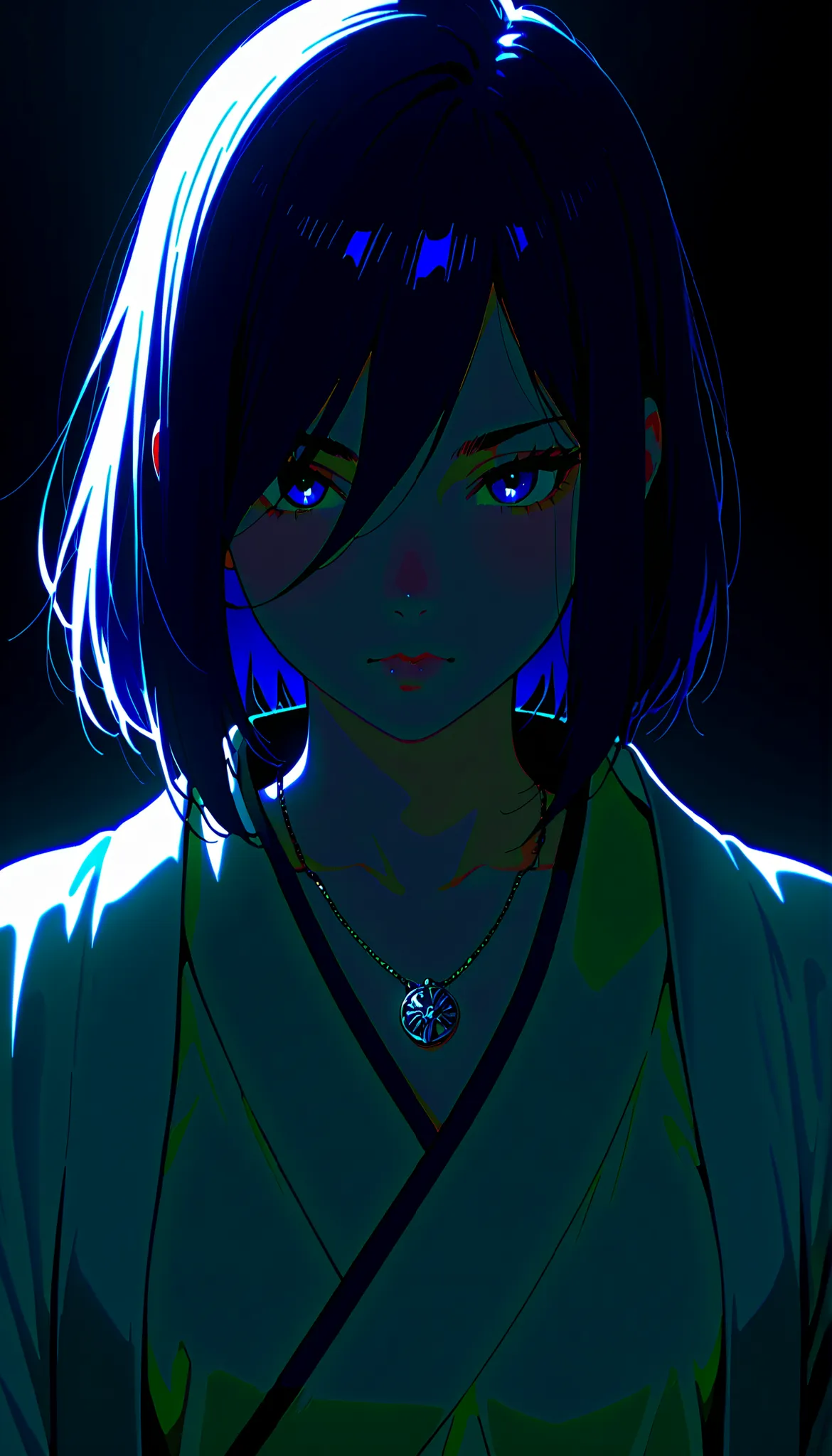 (((IZUMI NASE)))), Anime-style semi-realistic portrait of a beautiful young woman with short navy hair, parted and tousled, expressive violet eyes, pale skin with soft blush, wearing an elegant stylized haori outfit: a white sleeveless kimono, navy arm gua...