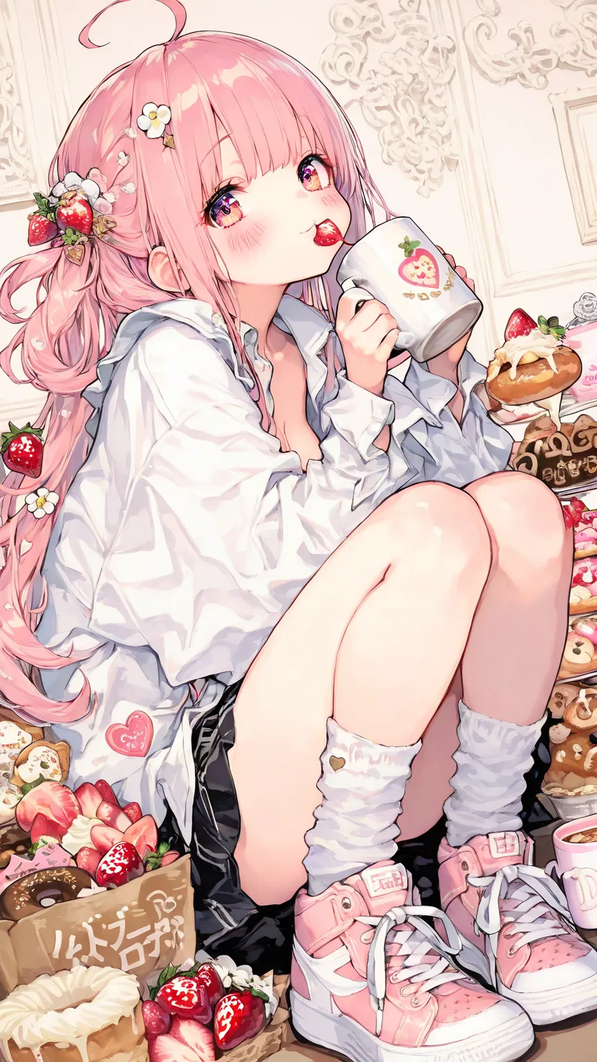 748cmstyle,Cute,(masterpiece:1.2, top quality), (beautiful detailed eyes: 1.2), ((1 Beautiful Girl)),  (beautiful background:1.2), (Highly Detailed CG, Super Detailed),(very detailed and beautiful:1.1), (Perfect Details:1.1),a girl holding a mug of cocoa and eating a donut in a pile of sweets and donuts,  (holding a mug of cocoa), pink hair, hair ornament, ahoge, long hair, strawberry, pink footwear, heart, blush, long sleeves, bangs, sneakers, fruit, looking at viewer, socks, open shirt