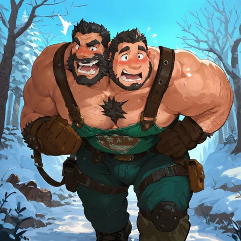 (hairy father  and  fat son conjoined)), handsome, one head is very fat, half muscle, half fat, walking, lumberjack, outside,  bulge, pants , underwear, wide shoulders, ((two heads one body)), two-headed ,  conjoined, black eyes, beard, father, bending for...