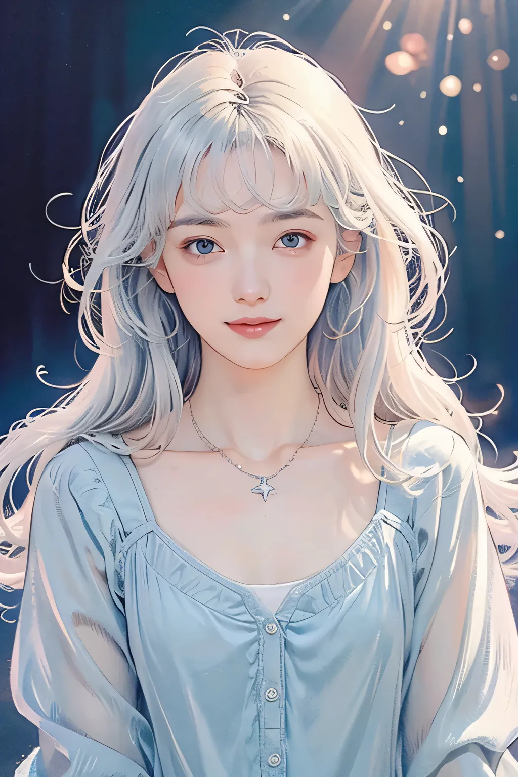 (Beautiful woman with fair skin), (A calm and gentle smile like a girl), Clear light blue eyes, (Medium-length loosely curled silvery white hair), Close-up, Portrait, (Cool-colored shirt), (Slim figure), Small ice necklace, (A cold ice world in cool colors...