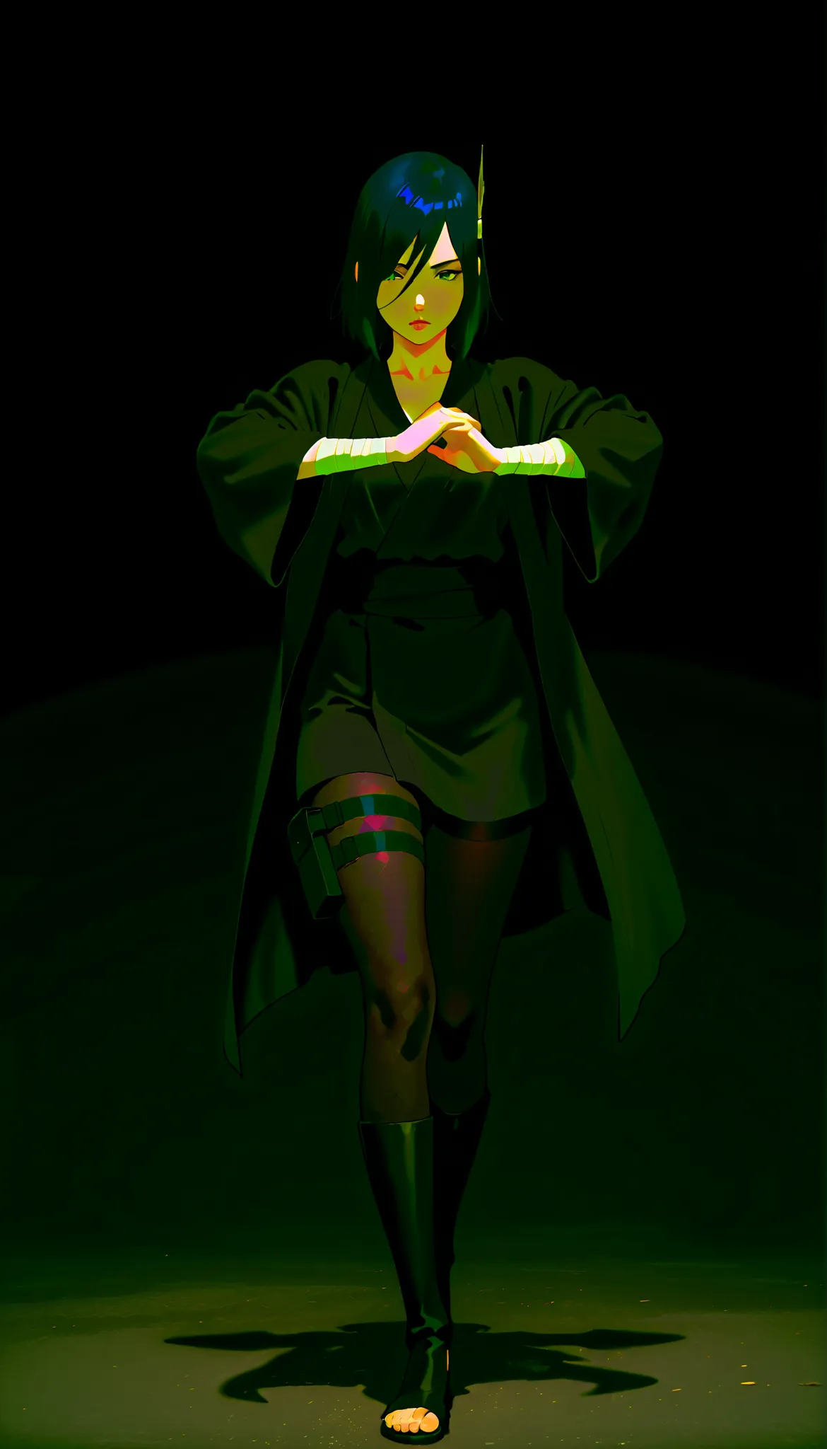 (((IZUMI NASE)))) walking confidently through a war field. The art style should closely match that of Naruto or similar shounen anime, with clean linework and soft shading. ((Solo)) haori with layered leg accessories (bandages, thigh pouch, dark ninja stoc...