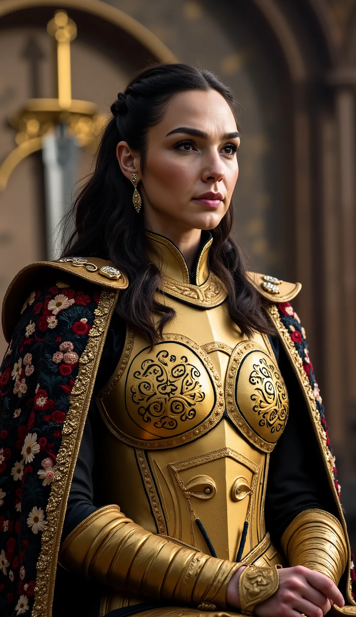 Gal Gadot as Queen of Westeros Royal golden armor with embroidered cloak. Fundo: Iron Throne in a silent hall. Detalhe: sword shining in the back, olhar de comando.
upper body 