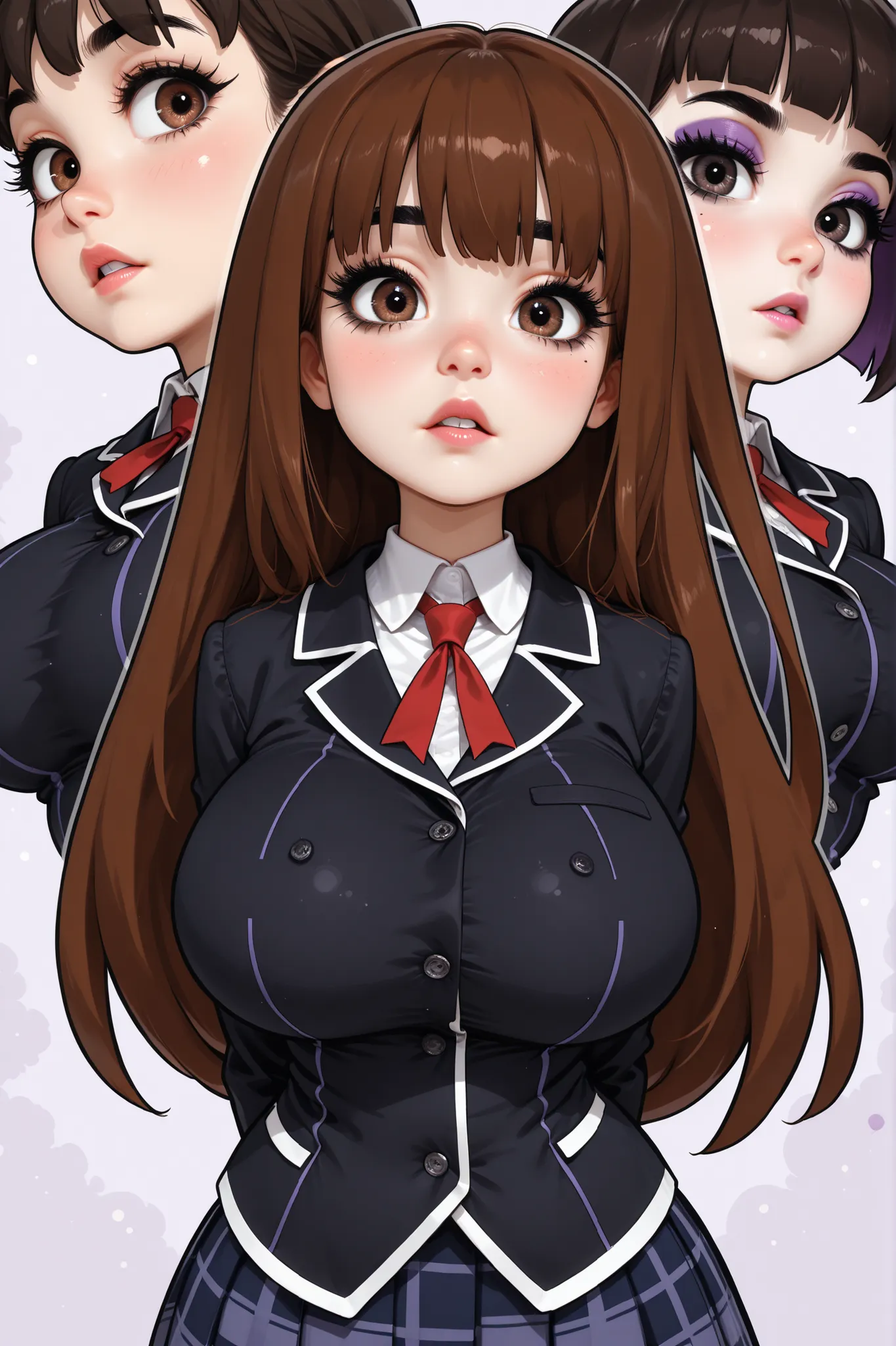 (school uniform, Black uniform), (perfect face, perfect body), dark brown hair, very long bangs hair, black thin eyebrows, dark brown eyes, (black eyelashes, black eyeliners, purple eyeshadows), nose, normal lips, light red lips, parted lips, (big breasts,...