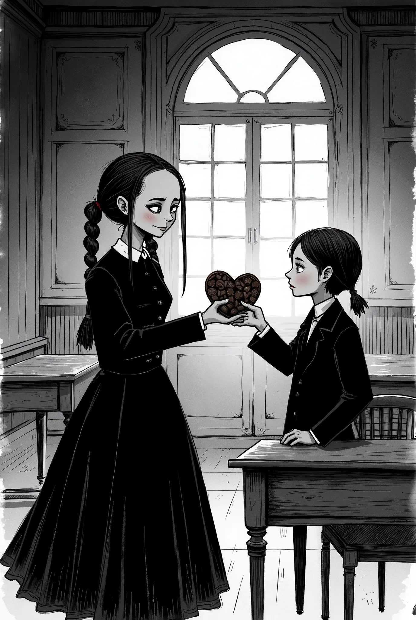 wednesday addams, black victorian mourning dress, pale skin, dark eyes, brunette, braided pigtails, thin figure, insincere smiling expression, offering hesart-shaped box of chocolates, unsuspecting classmate, boarding school classroom, gothic architecture,...